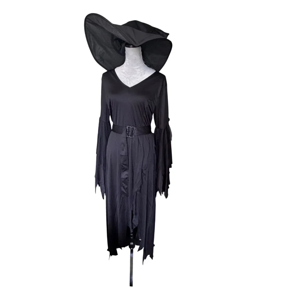 Spirit Halloween Cleaned Gothic Witch Costume Dress Hat Belt Set Black M/L 10-14 - Picture 2 of 7